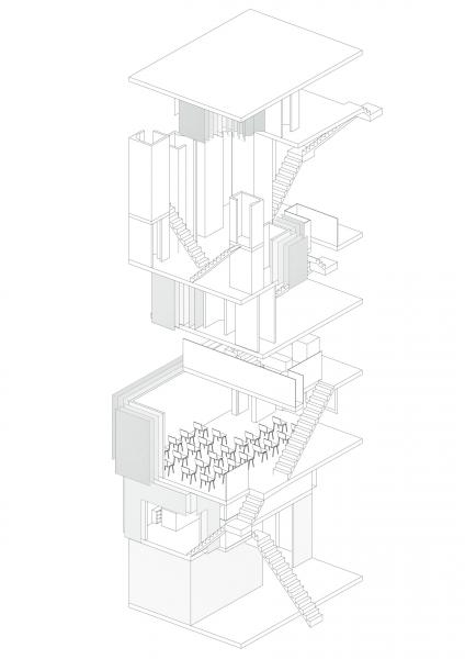 Drawing of CCT exploring how the material thickness increases relative to the increase in floors decreasing visibility and making the enclosures more private. 